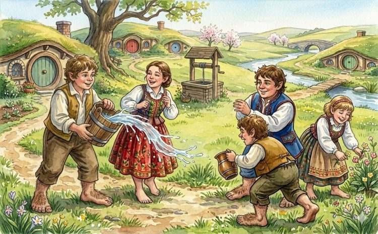 Ilustracja przedstawiająca hobbitów polewających się wodą na wiosnę.